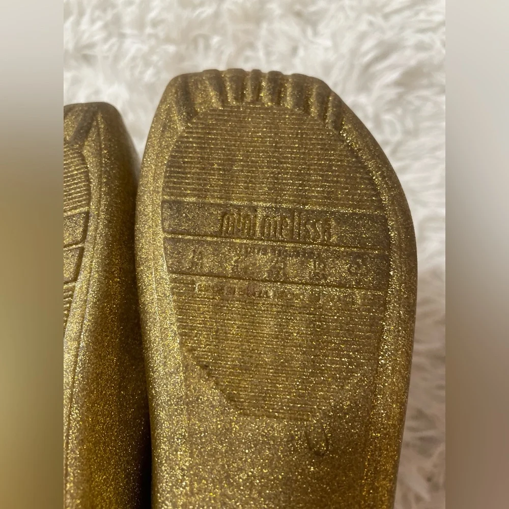 Mini Melissa Mary Jane Ballet Flats Shoes Ballerina Gold Bow Glitter Girls 10 - Picture 7 of 8